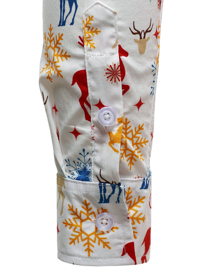 Herrjulskjorta med Renar och Snöflingor, Vit, Lång Ärmar