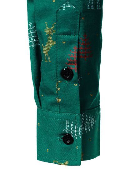 Herrskjorta med Renmotiv för Julgranen, Andningsbar, Grön, Långa Ärmar