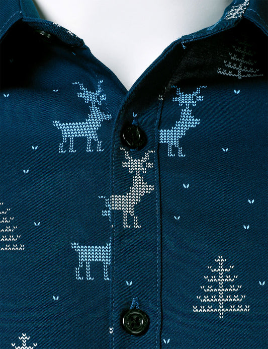 Herrskjorta med tryck för julgran, andningsbar, marinblå, med långa ärmar