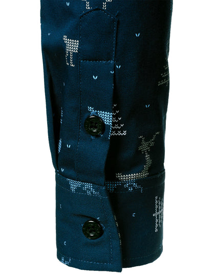 Herrskjorta med tryck för julgran, andningsbar, marinblå, med långa ärmar