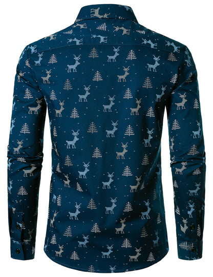 Herrskjorta med tryck för julgran, andningsbar, marinblå, med långa ärmar
