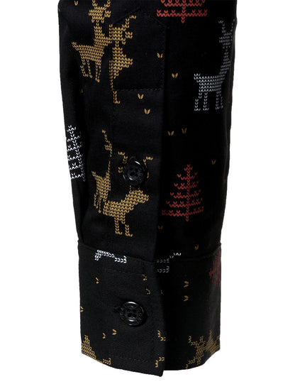 Herrskjorta med tryck för högtider, andningsbar, svart, med lång ärm