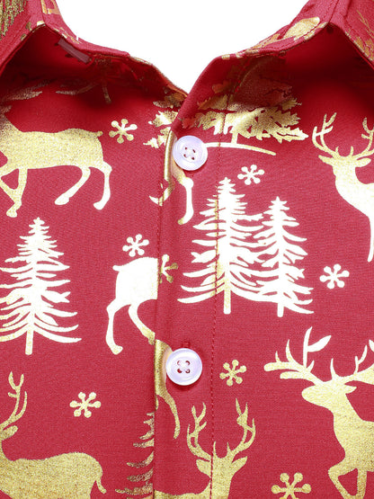 Herr Guld Julskjorta med Ren i Röd Färg med Långa Ärmar