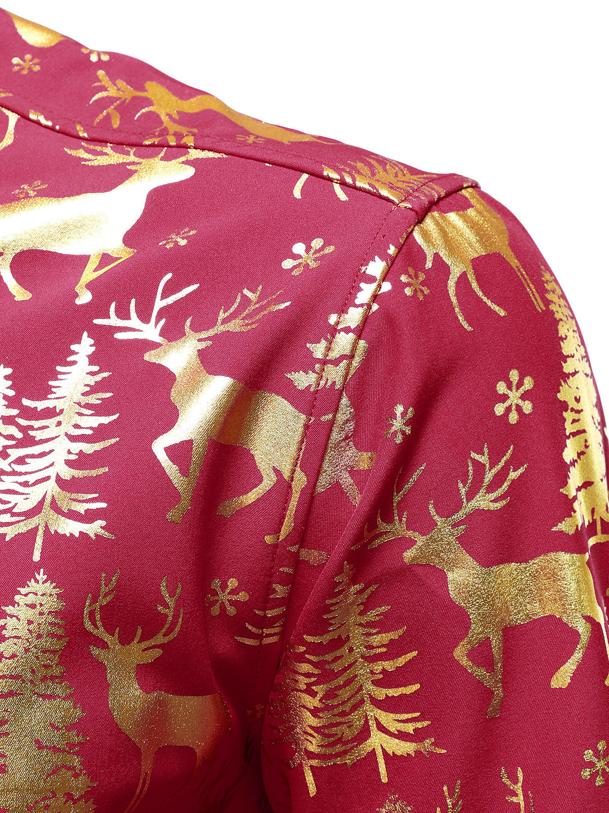 Herr Guld Julskjorta med Ren i Röd Färg med Långa Ärmar