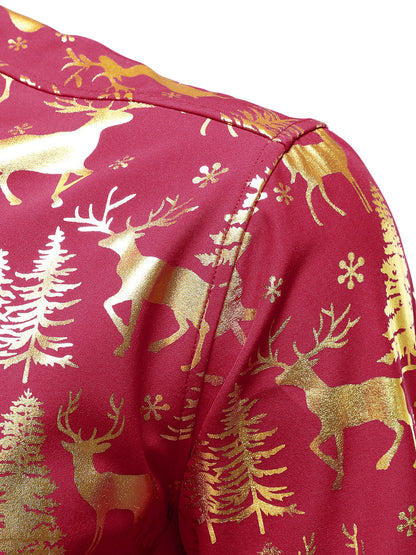 Herr Guld Julskjorta med Ren i Röd Färg med Långa Ärmar