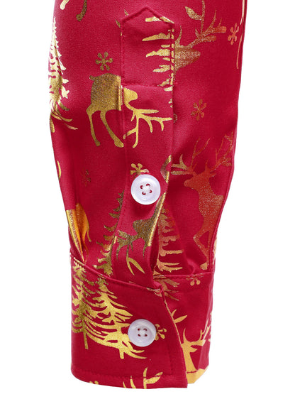 Herr Guld Julskjorta med Ren i Röd Färg med Långa Ärmar