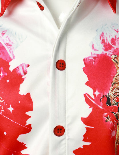 Herr, julinspirerad, röd, rolig skjorta för semester med lång ärm, knäppning med knappar